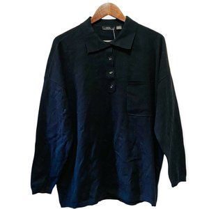 RDI Womens Size M Long Sleeve Chest Pocket 4-Button Boyfriend Polo Shirt Black